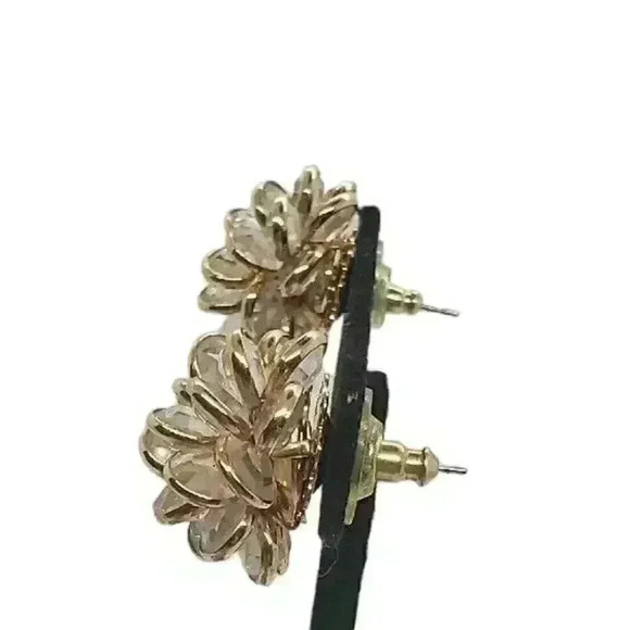 Vintage Earrings Gold Bezel Set Cluster Faceted Crystal Statement Pierced - Picture 5 of 9